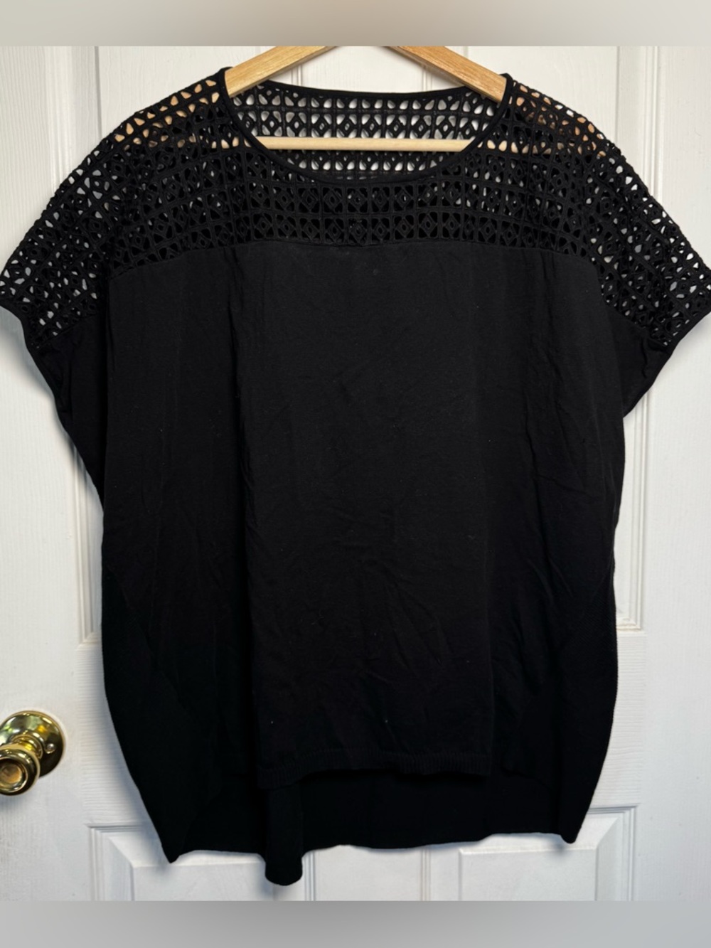 Lafayette 148 Black Cotton Lace Yoke Knit Top Size M Oversized Classic Staple